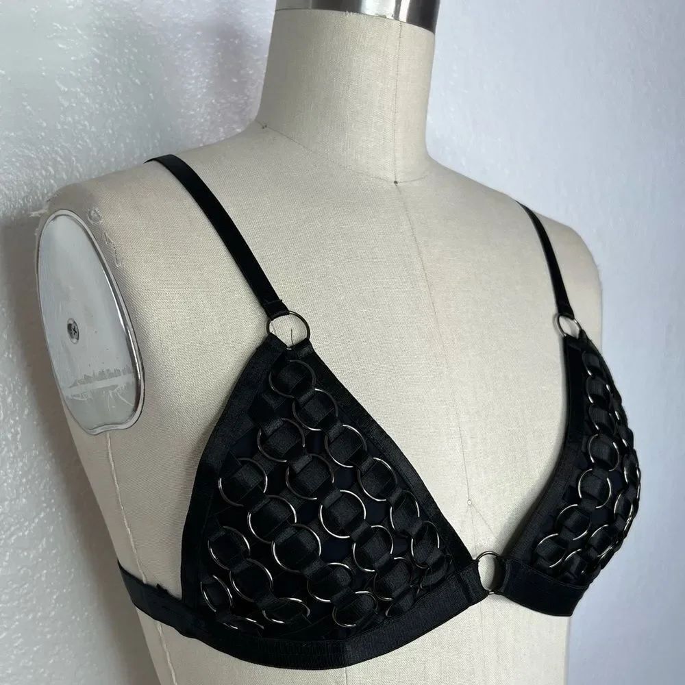 Dolls Kill black goth metal rings mesh black satin bra top statement piece M